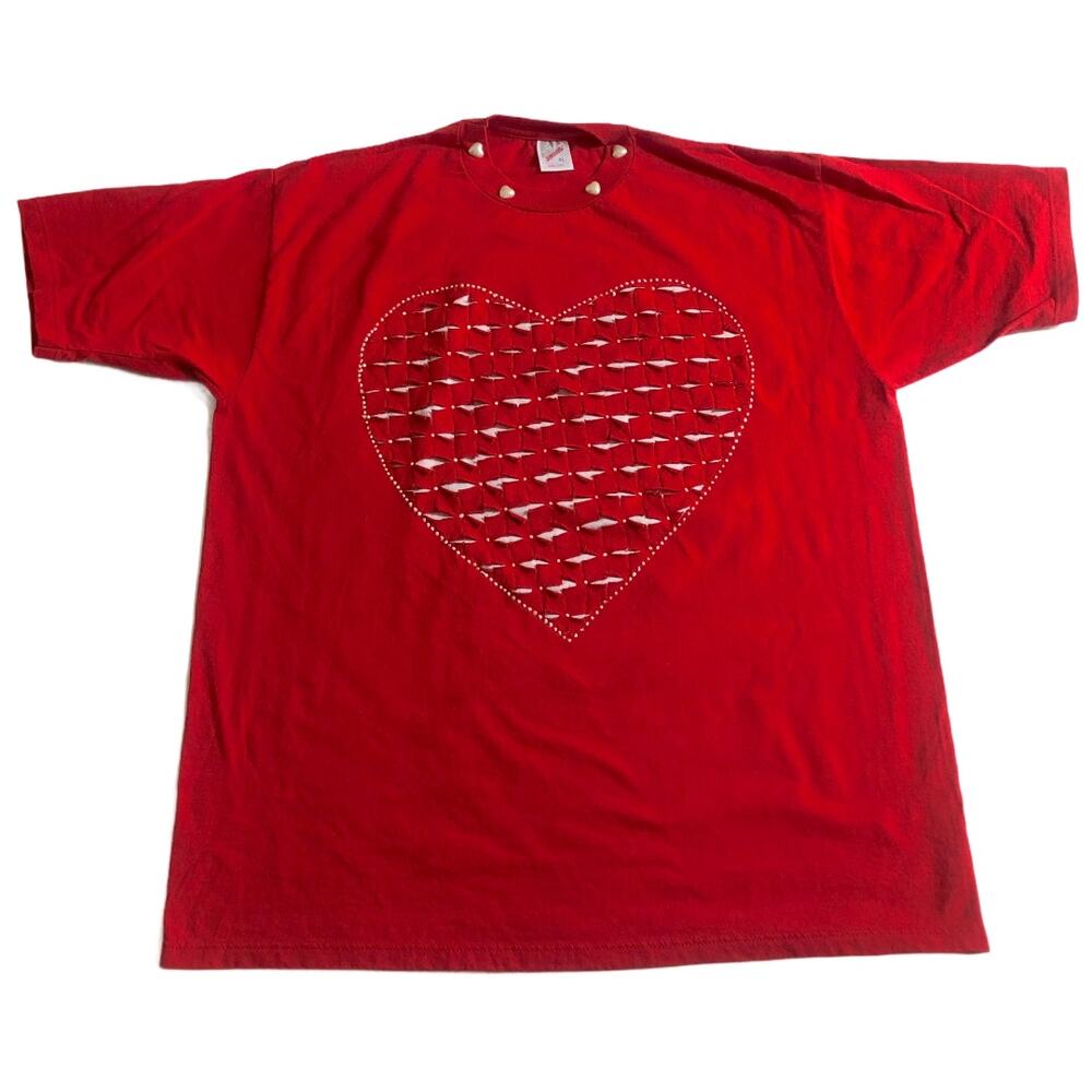 Jerzees XL American VINTAGE 90’s Red Heart Cut-Out Valentine Love Tee Shirt USA